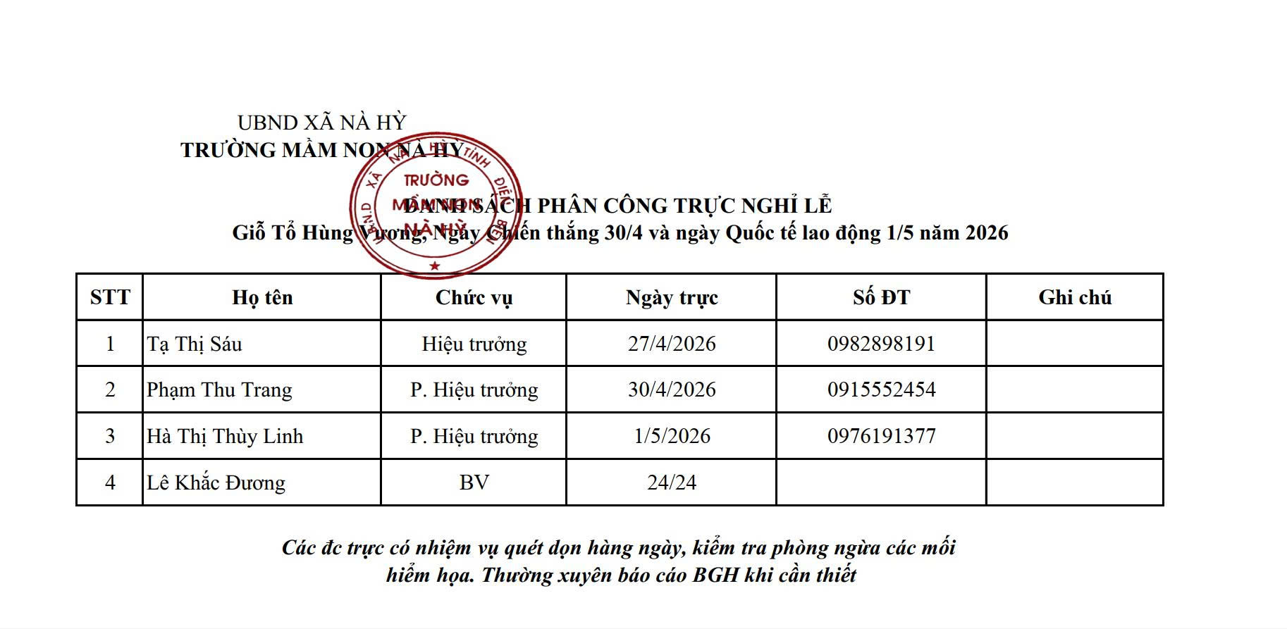 Lịch trực lễ 2026
